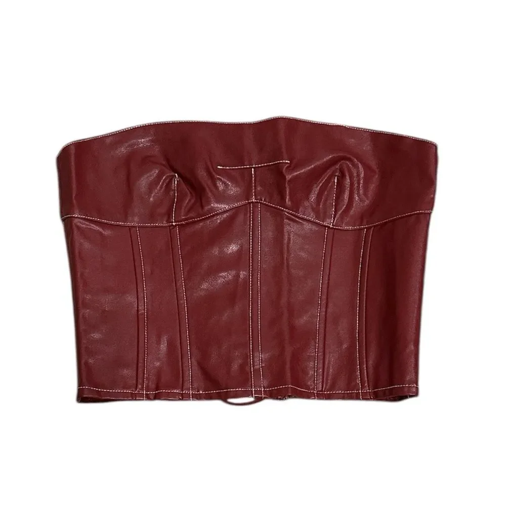 Edikted Moss Faux Leather Lace Up Corset Burgundry NEW Medium